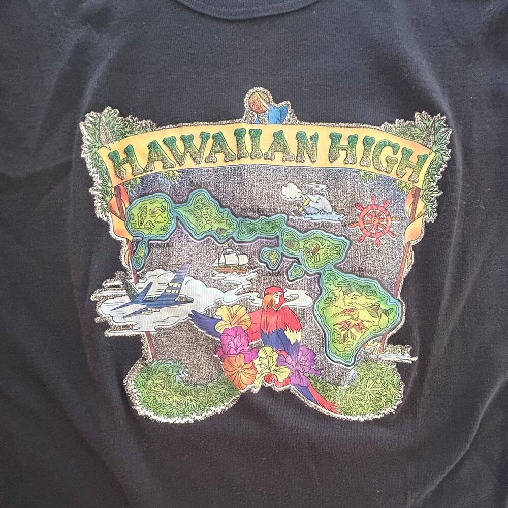 Vintage Hawaiian High Black Short Sleeve Cotton Shirt Top Women's Size Medium